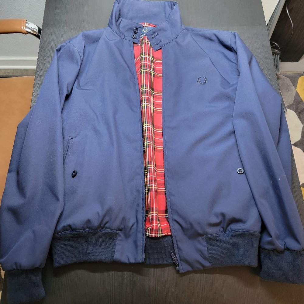 Fred Perry Navy Harrington Jacket with Red Tartan Lining